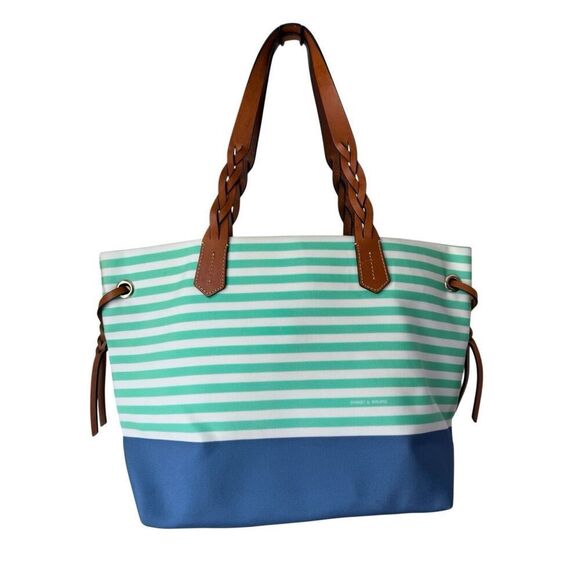 Dooney & Bourke Striped Nylon Sullivan Shopper Tote In Mint green, White, & Blue - Picture 2 of 11